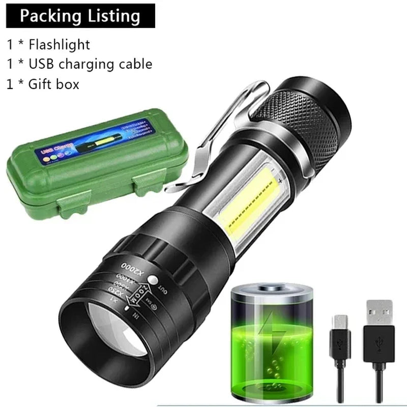 Zoomable COB Flashlight, USB Rechargeable, 3 Modes