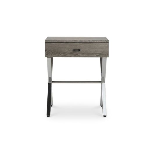 A modern single-drawer nightstand with a gray wood-grain finish and chrome legs, shown from a front-facing perspective on a white background.