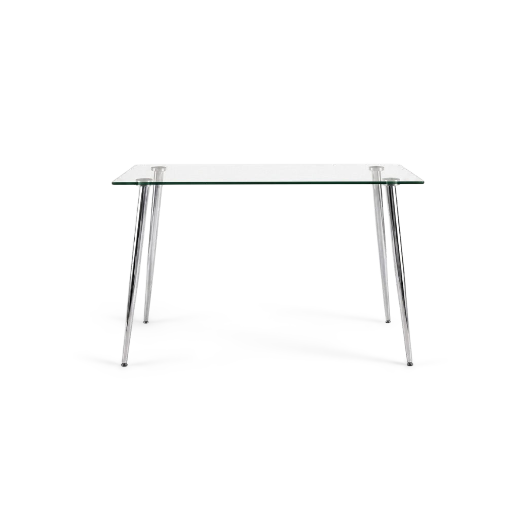 glass dining table for 4, clear rectangular tempered top on splayed silver legs, #f3f3f3 studio background (plain studio)
