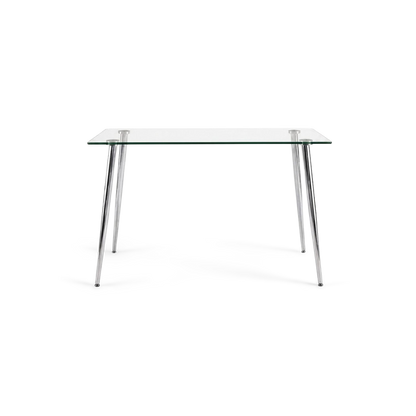 glass dining table for 4, clear rectangular tempered top on splayed silver legs, #f3f3f3 studio background (plain studio)