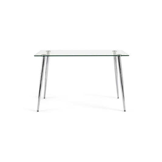 glass dining table for 4, clear rectangular tempered top on splayed silver legs, #f3f3f3 studio background (plain studio)