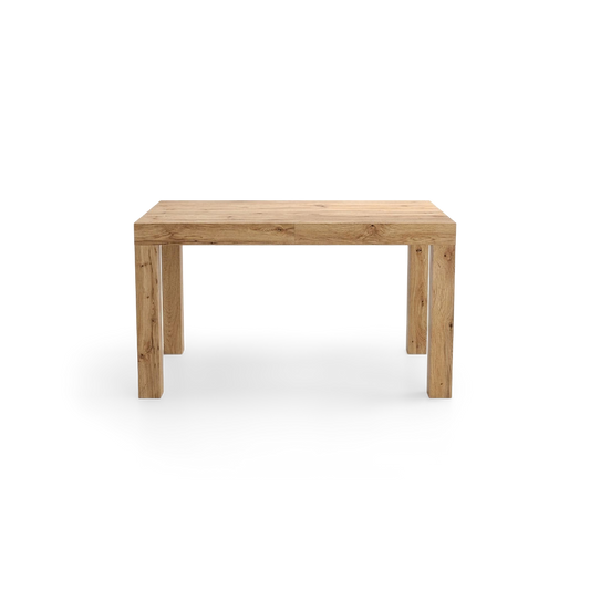 Light oak extendable dining table closed at 47.2 inches, #f3f3f3 studio background (plain studio)