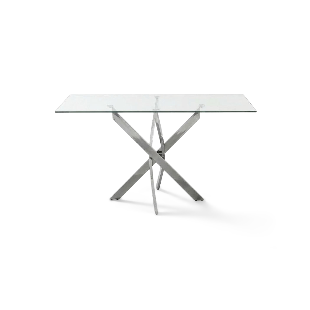 47 inch glass dining table, clear tempered top on cross-twisted chrome legs, #f3f3f3 studio background