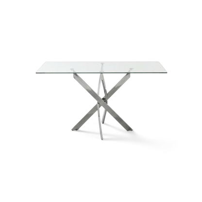 47 inch glass dining table, clear tempered top on cross-twisted chrome legs, #f3f3f3 studio background