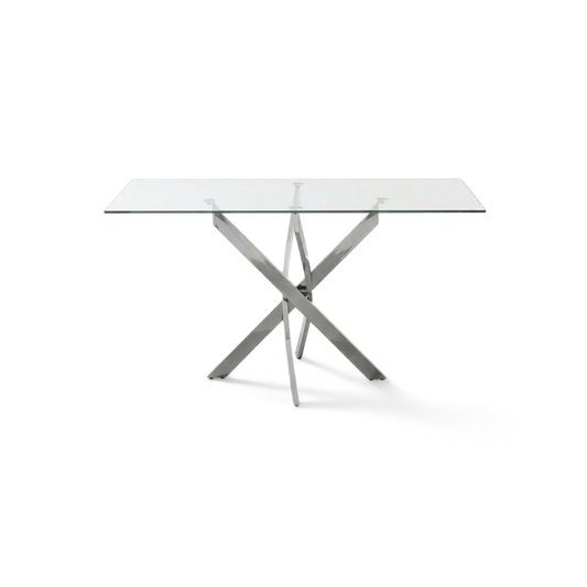 47 inch glass dining table, clear tempered top on cross-twisted chrome legs, #f3f3f3 studio background