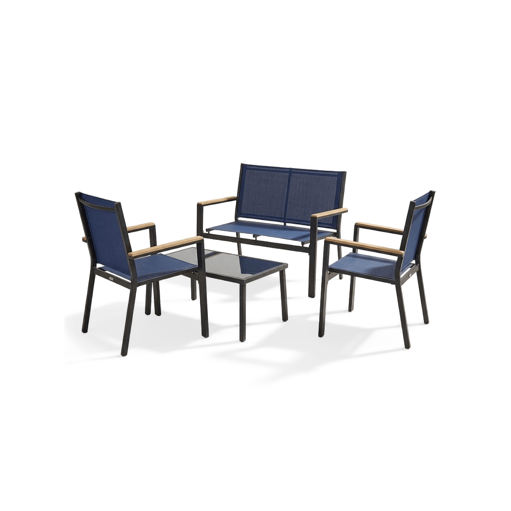 Textilene patio conversation set with glass-top table, front view