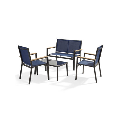 Textilene patio conversation set with glass-top table, front view