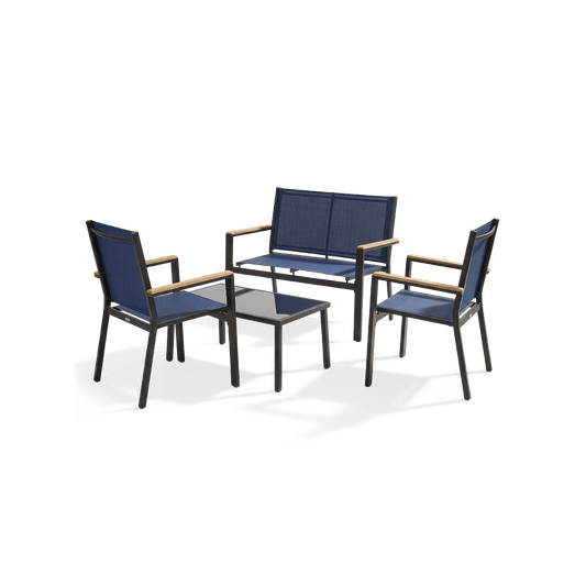 Textilene patio conversation set with glass-top table, front view