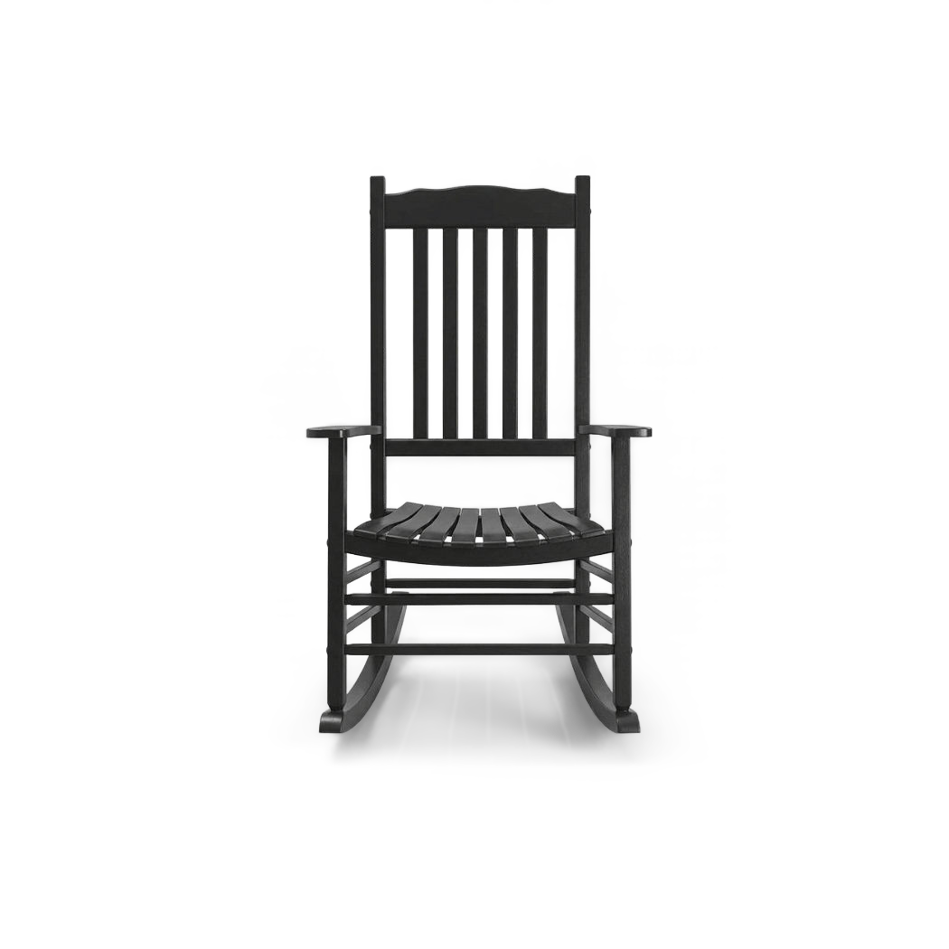 Black wooden rocking chair, front view, slat back and wide armrests