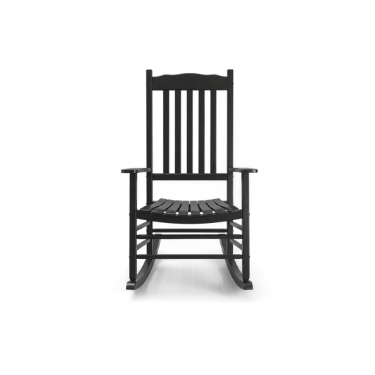 Black wooden rocking chair, front view, slat back and wide armrests