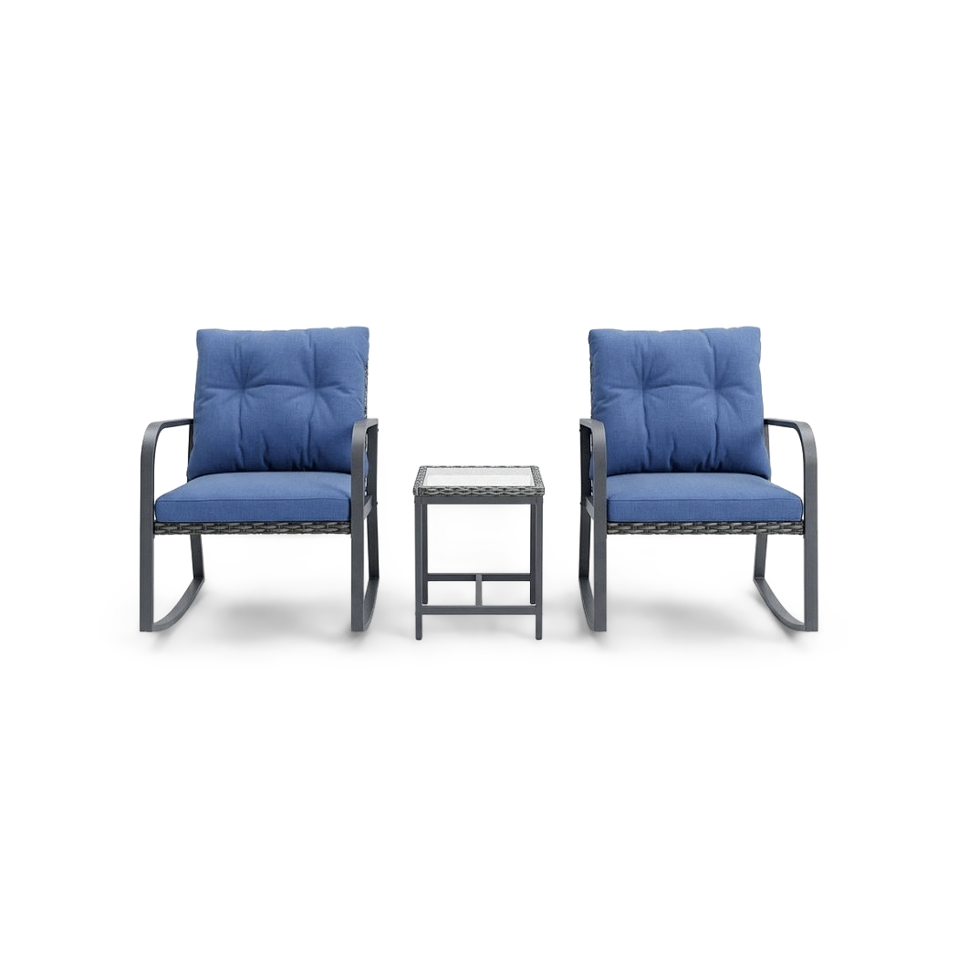 Blue-cushioned steel rocking chairs with a glass-top wicker side table, front view, studio background (plain studio)