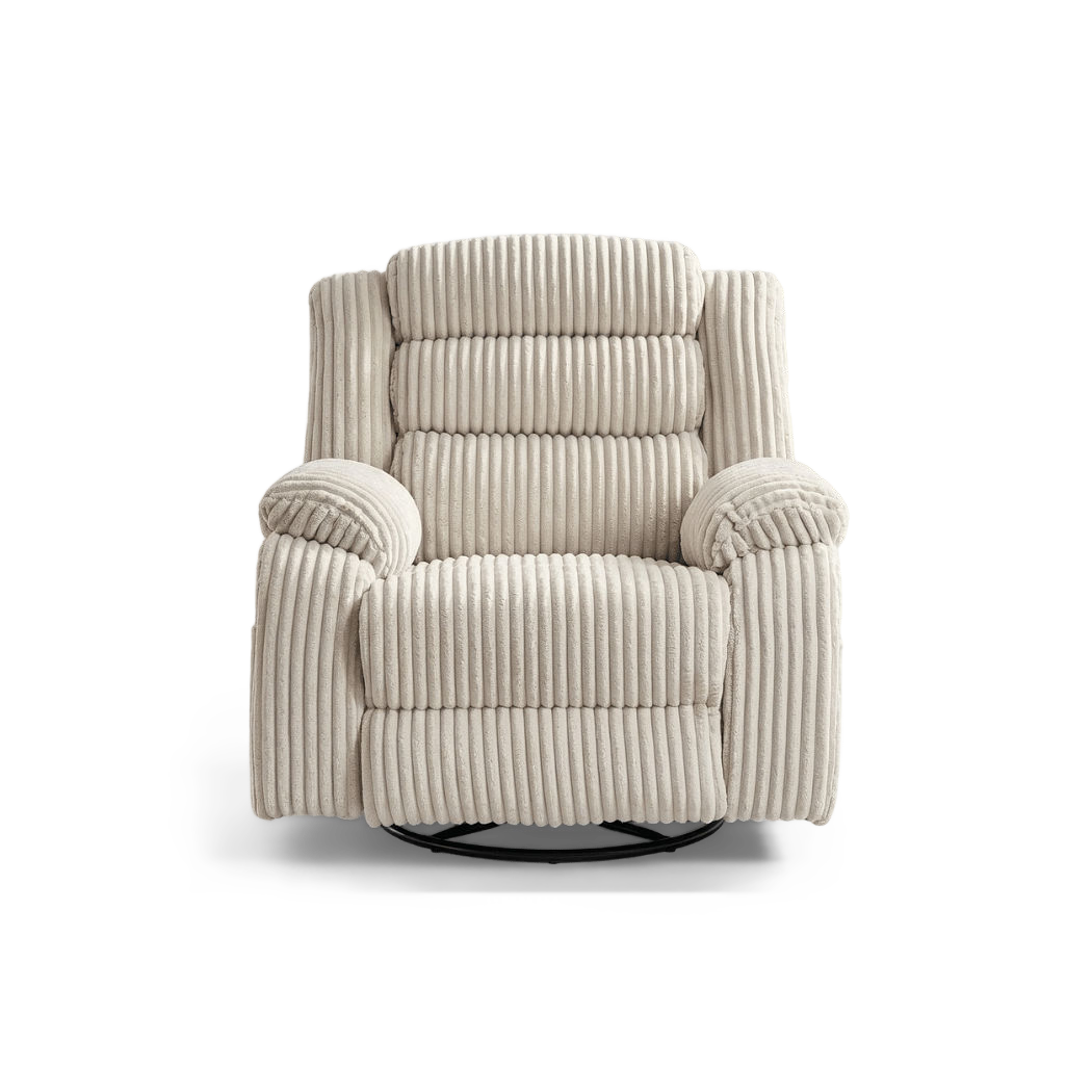 Power swivel rocker recliner in cream corduroy, front view, plain #f3f3f3 studio background