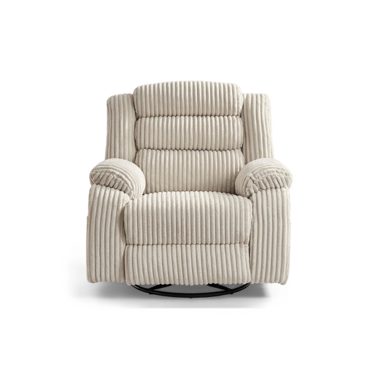 Power swivel rocker recliner in cream corduroy, front view, plain #f3f3f3 studio background