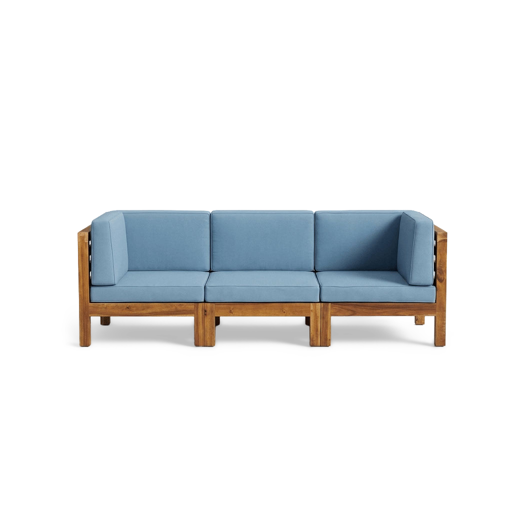 Three-seat acacia wood outdoor sectional in blue, front view