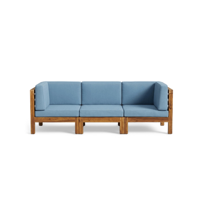 Three-seat acacia wood outdoor sectional in blue, front view