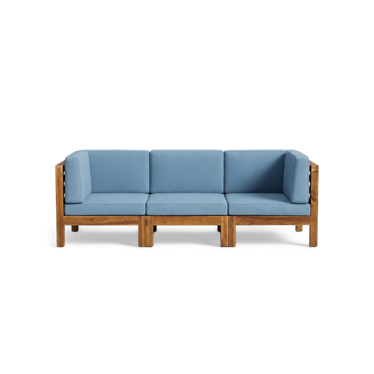 Three-seat acacia wood outdoor sectional in blue, front view