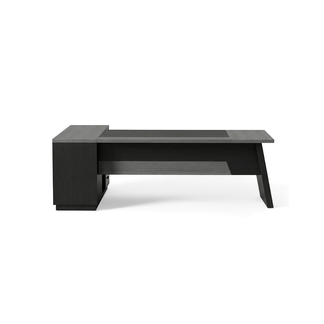 L-shaped desk with file cabinet in grey and black, plain studio view