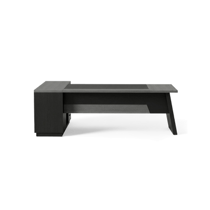 L-shaped desk with file cabinet in grey and black, plain studio view