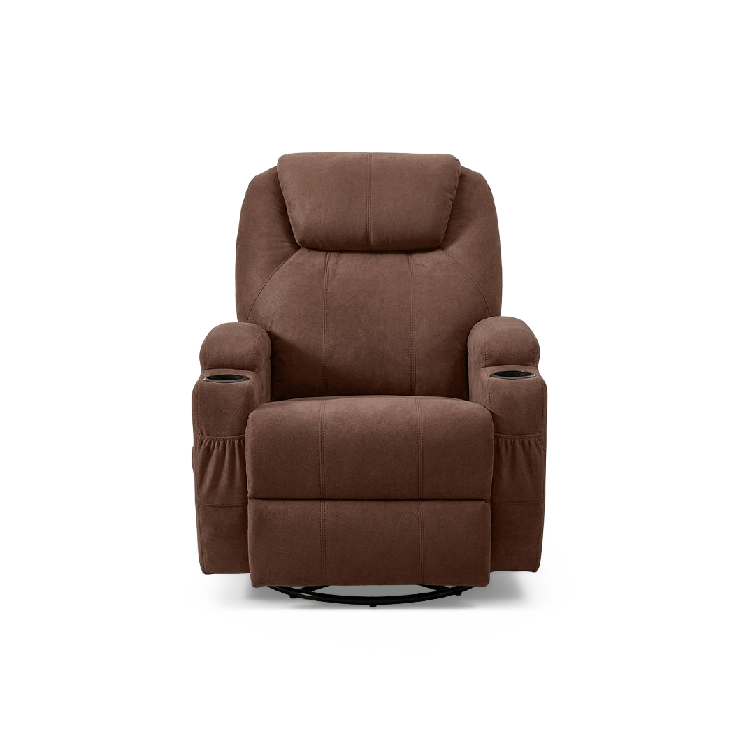 Swivel massage recliner chair in brown fabric, front view with cup holders in both arms
