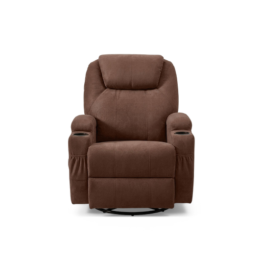 Swivel massage recliner chair in brown fabric, front view with cup holders in both arms