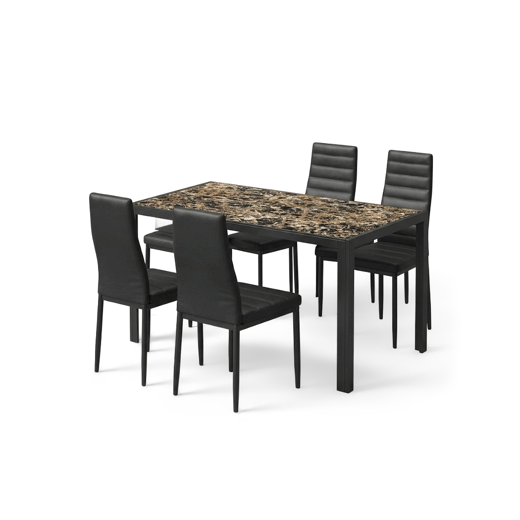 Glass dining table set for 6 with marble-print top and six black PU leather chairs