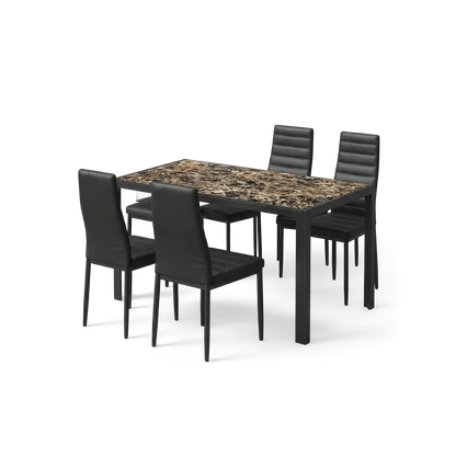 Glass dining table set for 6 with marble-print top and six black PU leather chairs