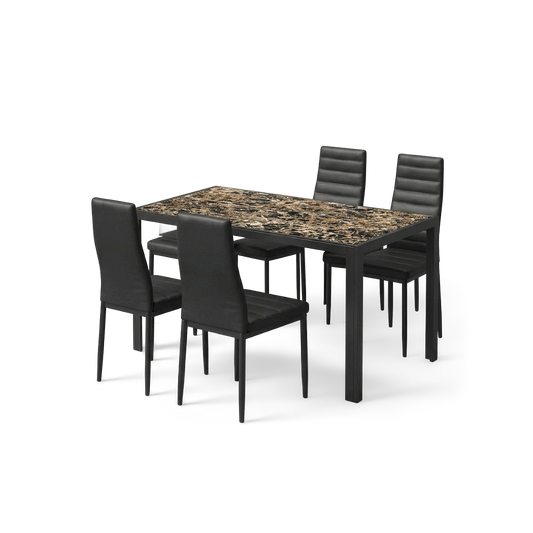 Glass dining table set for 6 with marble-print top and six black PU leather chairs