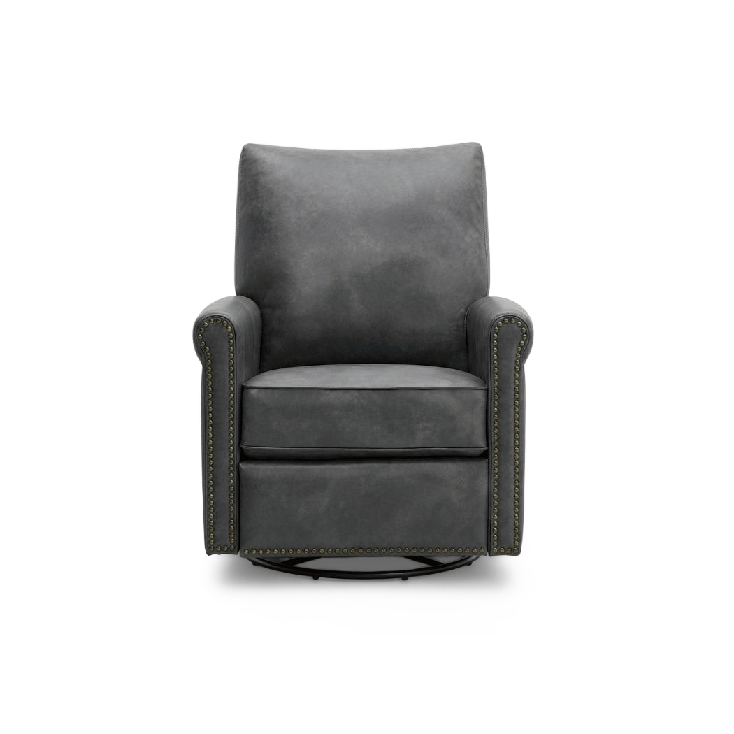 Leather swivel recliner chair in dark gray faux leather, front view