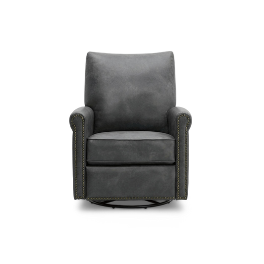 Leather swivel recliner chair in dark gray faux leather, front view