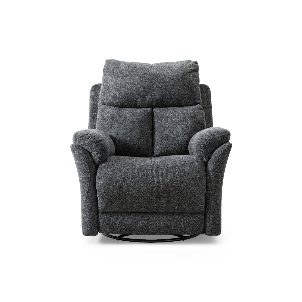 Swivel rocker recliner for small spaces, front view in gray fabric