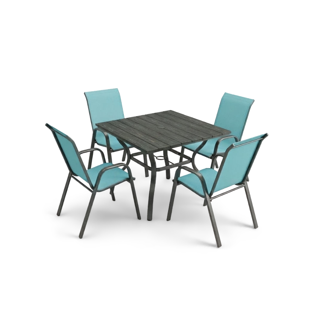 5-piece patio dining set, sky blue, front view (plain studio)