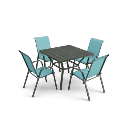 5-piece patio dining set, sky blue, front view (plain studio)