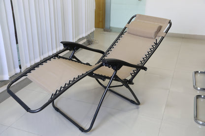 Value set of 2 beige foldable Zero Gravity recliners with removable side trays; portable high-strength chairs for poolsides or sunrooms.