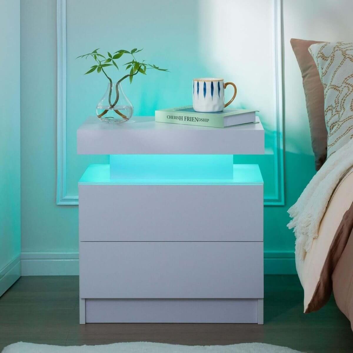 2-Piece LED Nightstand Set with Drawer 0