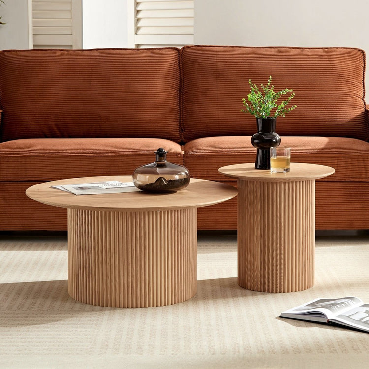 2 Round Side Faux Solid Wood Coffee Tables Set