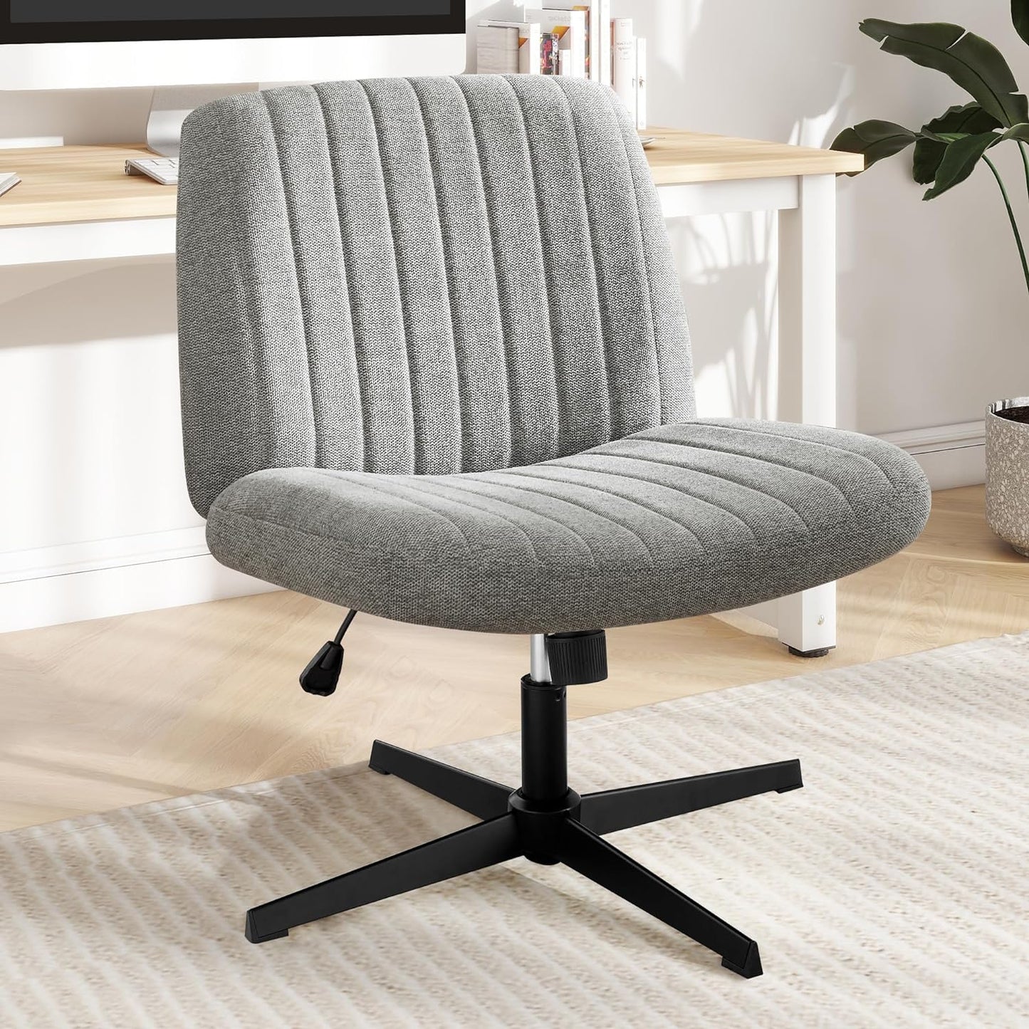 Criss Cross Chair, Cross Legged Office Chair, Wide Comfty Desk Chair, No Wheels Armless Computer Task Chair, Swivel Fabric Vanity Home Chair, Height Adjustable