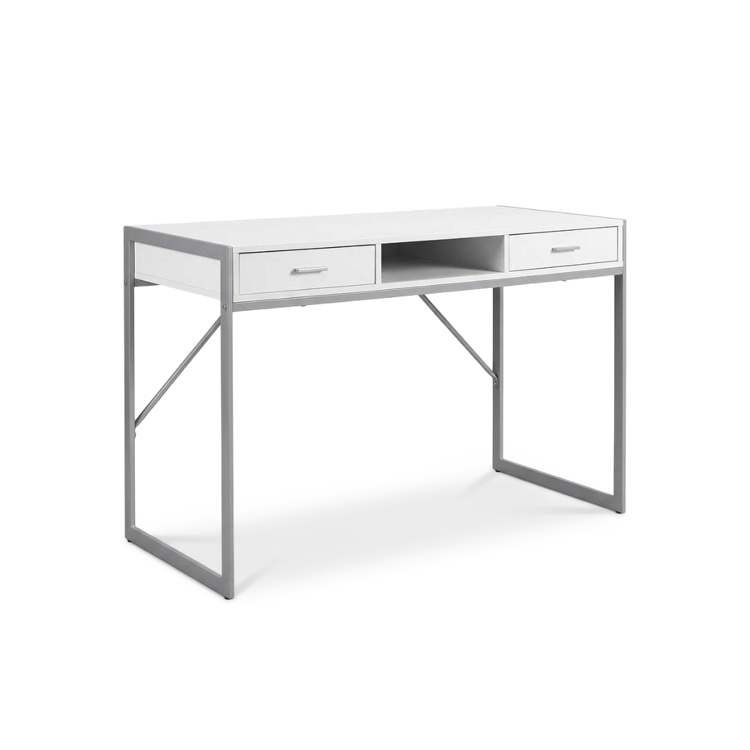 White silver metal computer desk, front angle view
