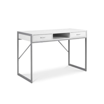 White silver metal computer desk, front angle view