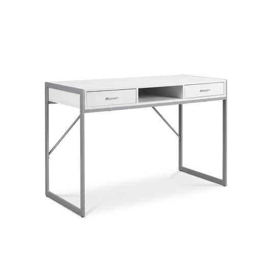 White silver metal computer desk, front angle view
