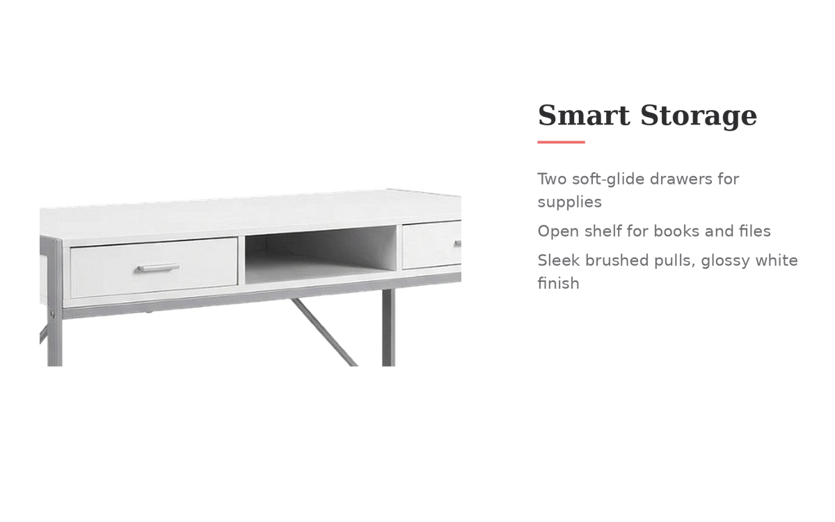 White silver metal computer desk, storage feature callout