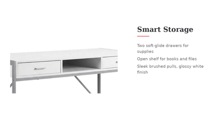 White silver metal computer desk, storage feature callout