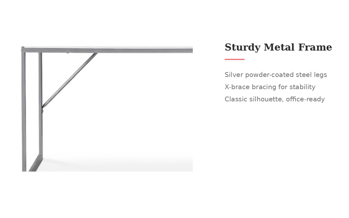 White silver metal computer desk, metal frame feature callout