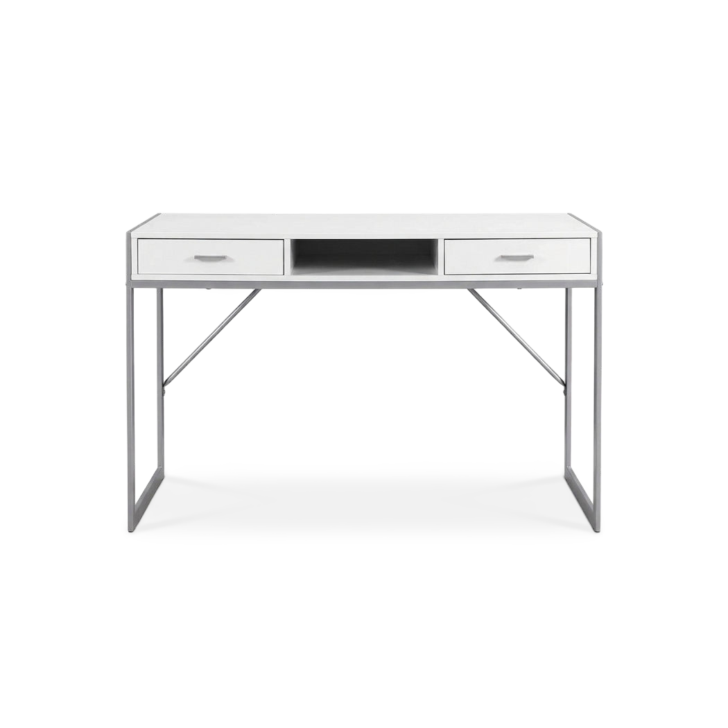 White silver metal computer desk, straight front view