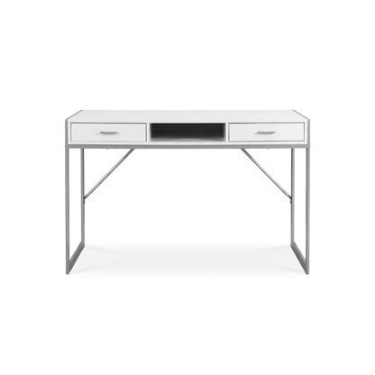White silver metal computer desk, straight front view