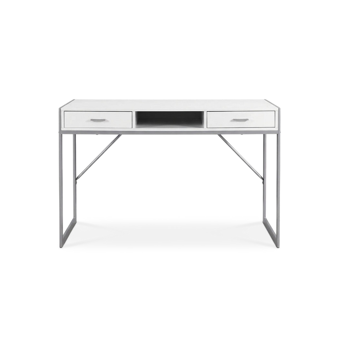 White & Silver Metal Computer Desk with Drawers & Shelf