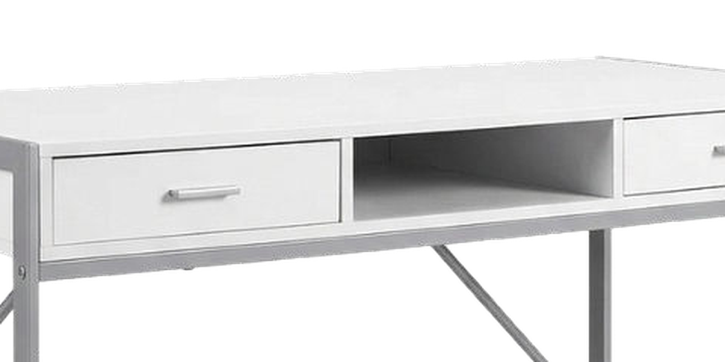 White silver metal computer desk, drawer and open shelf close-up