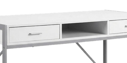 White silver metal computer desk, drawer and open shelf close-up