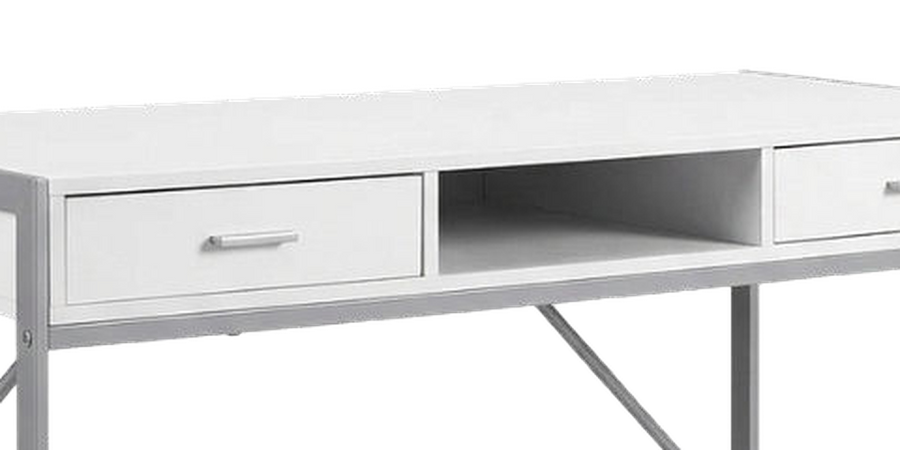White & Silver Metal Computer Desk with Drawers & Shelf