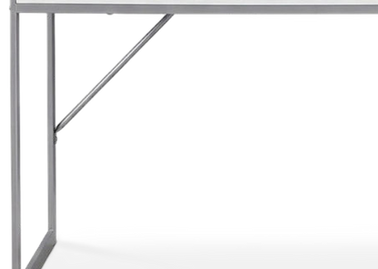 White silver metal computer desk, leg brace joint close-up