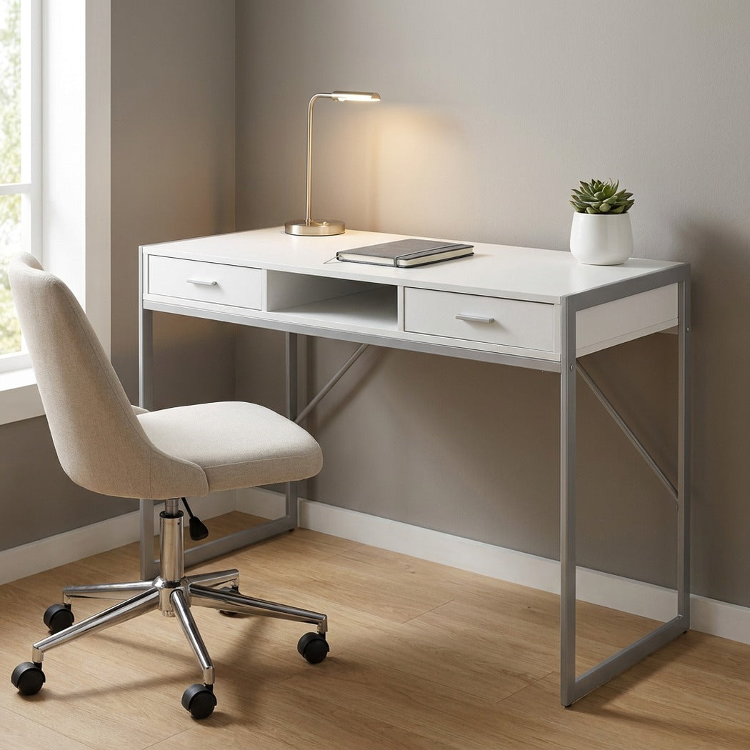 White silver metal computer desk in home office corner